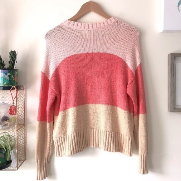 AE Colorblock Crewneck Sweater Soft Cozy Pastel Pink Coral Beige Knit Size S - Picture 3 of 12
